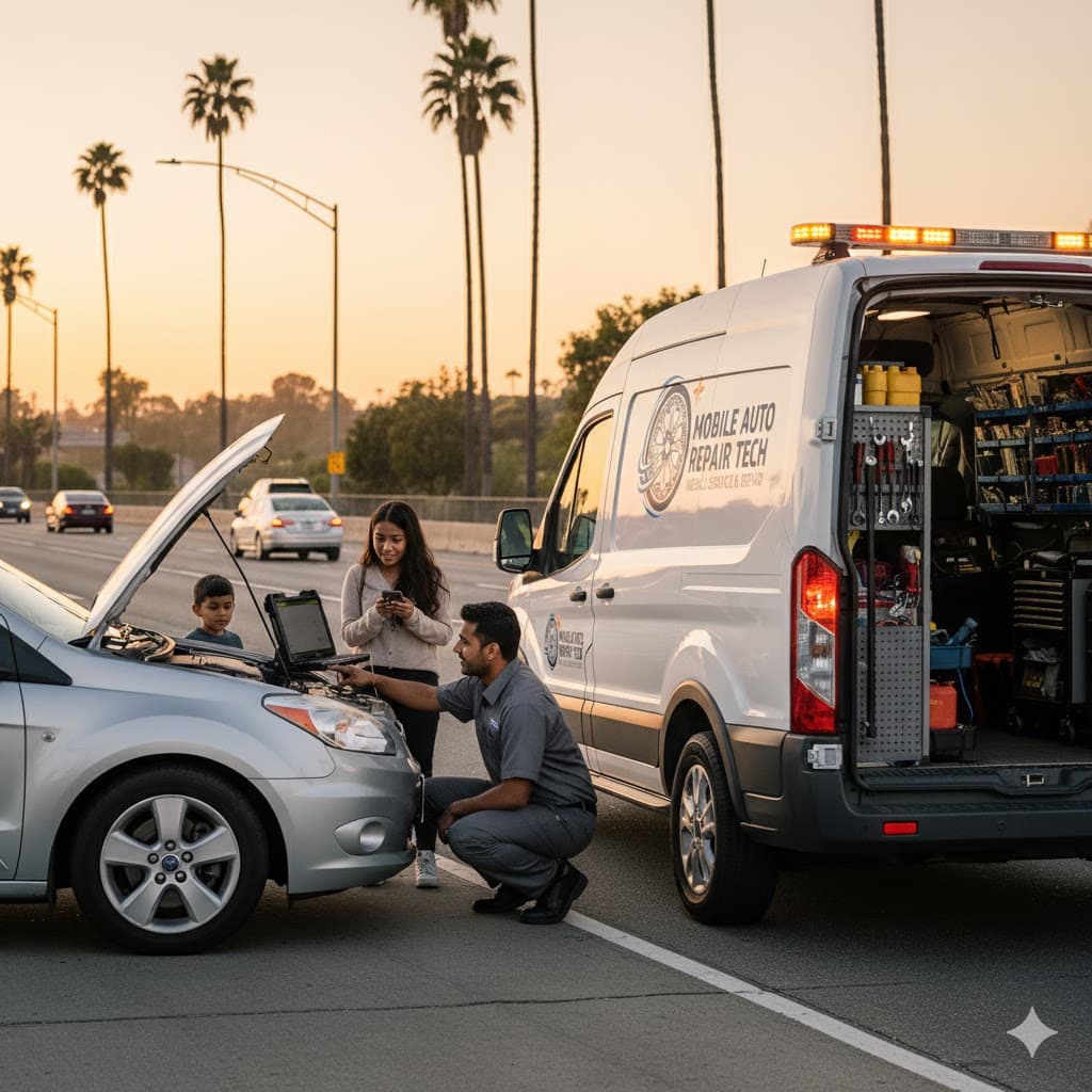 Mobile Auto Repair Tech mechanic helping a stranded mother and son with their car in Orange County